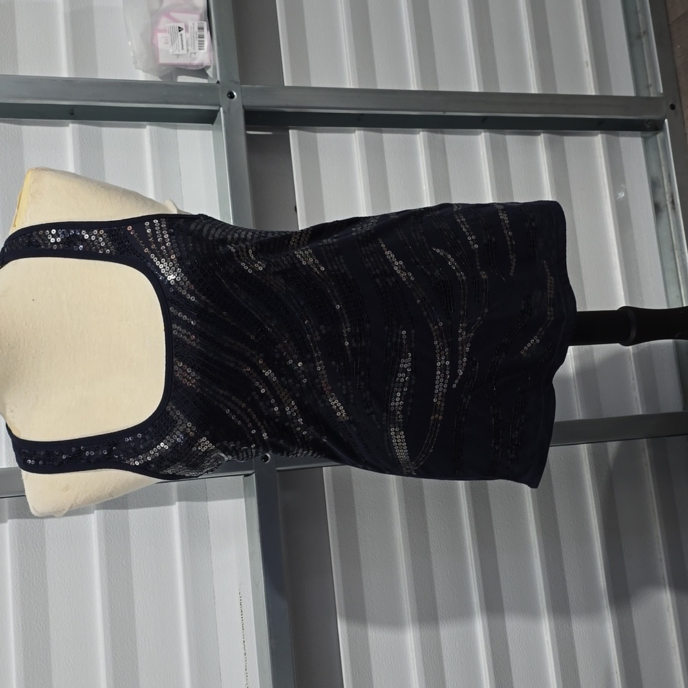 Almost Famous Navy Blue Silver Sequined Tank Top Size Large